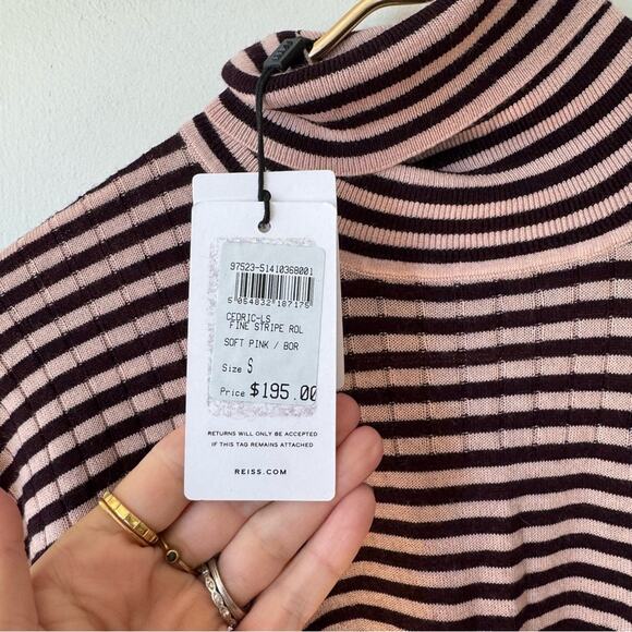 NWT Reiss Cedric Wool Striped Roll Neck Turtleneck Jumoer Dusty Pink Bordeaux S - Picture 10 of 10